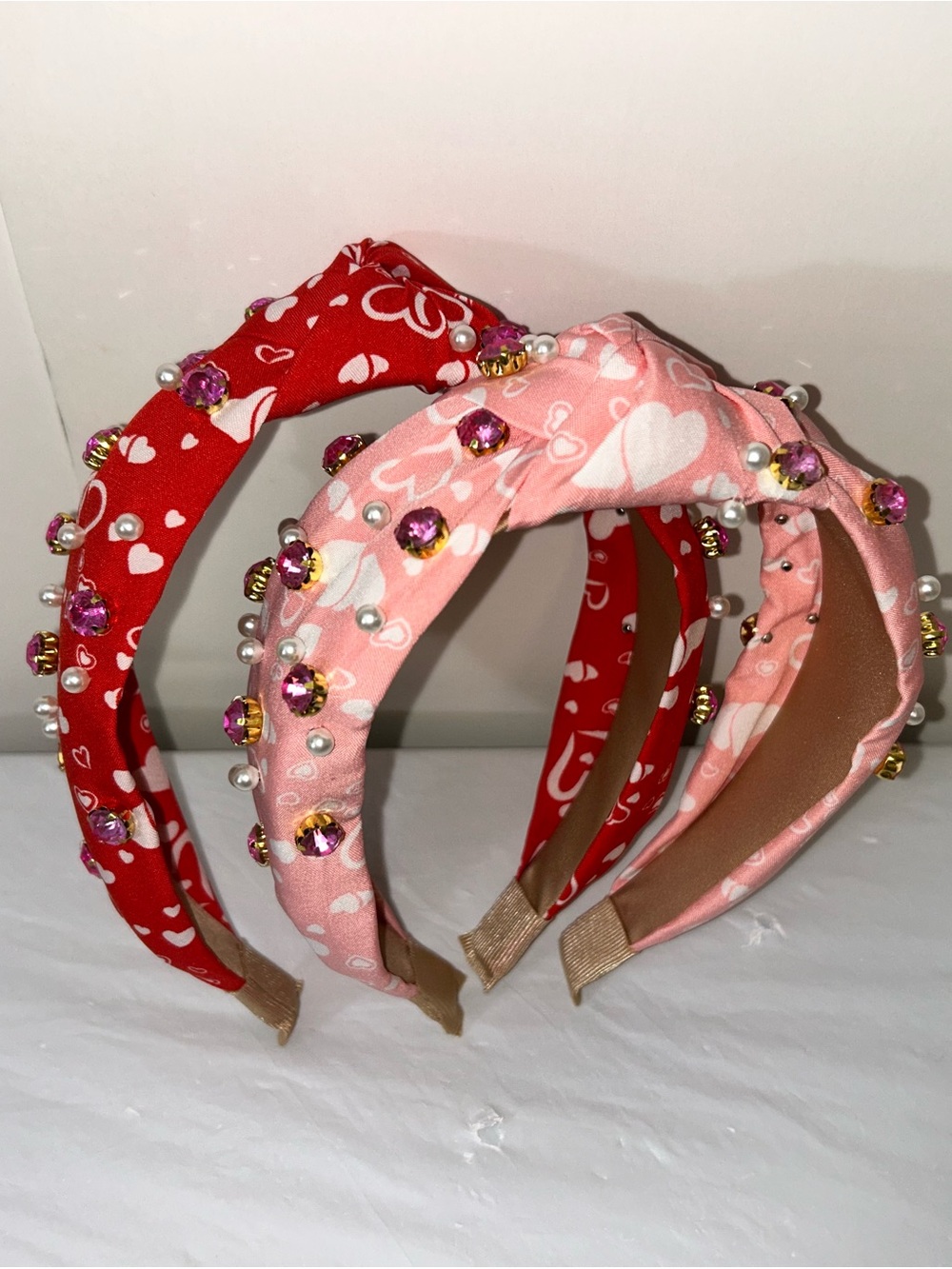 Heart Print Beaded Headband Duo - Pink & Red